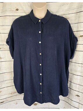 Soft Surroundings Blue Crinkle Cotton Gauze Top 2X Button Dolman Short Sleeve